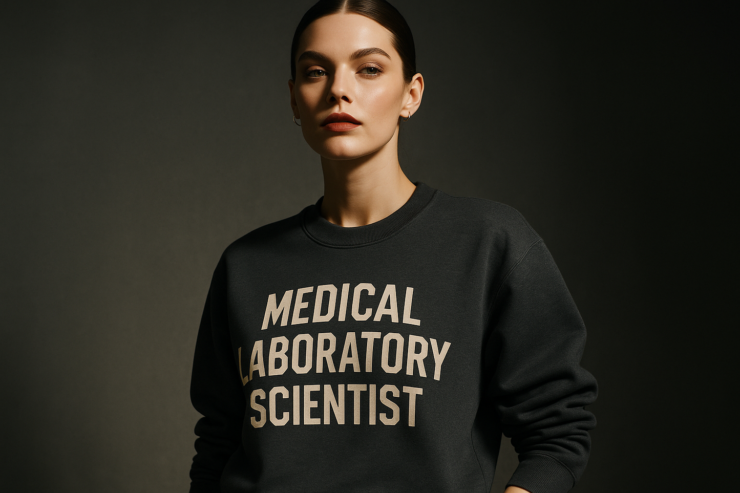 EDITORIAL FEMALE MODE WEARING A MEDICAL LABORATORY SCIENTIST SWEATSHIRT